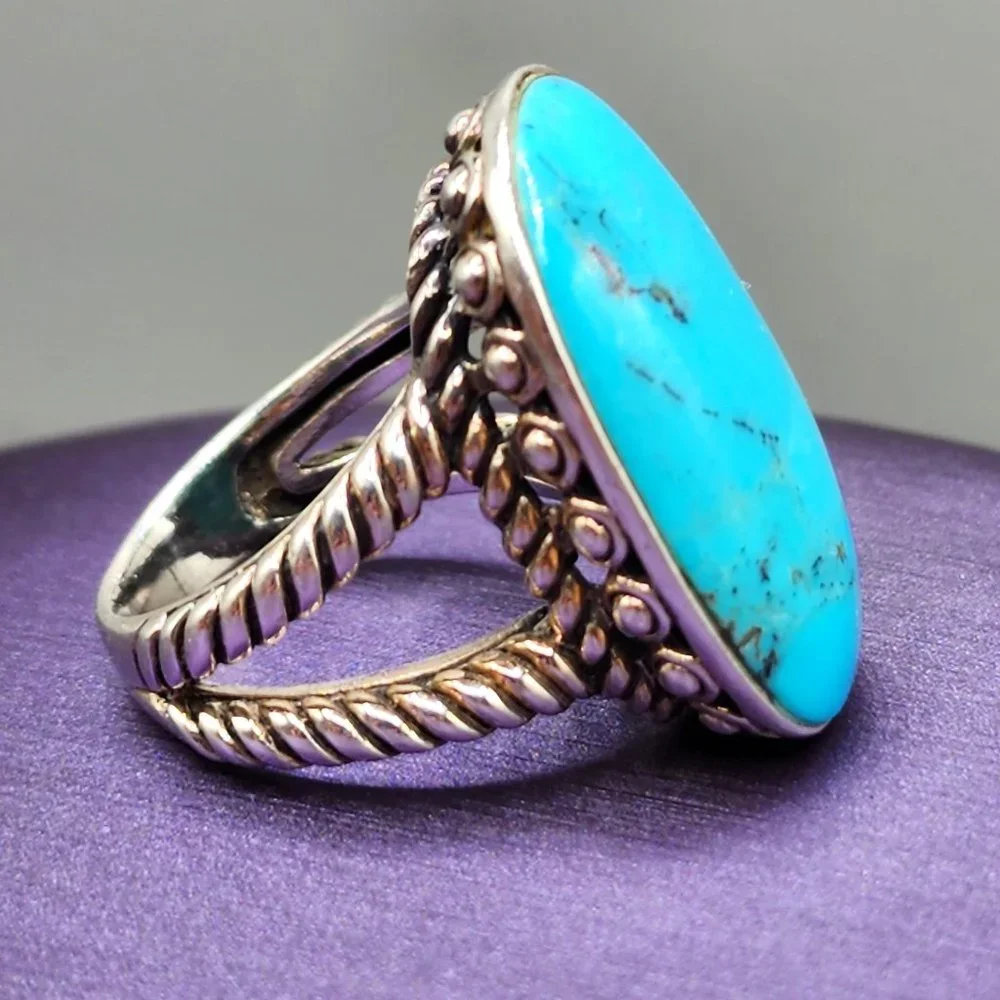 Oval Natural Blue Stone Sterling Silver Quality Statement Ring